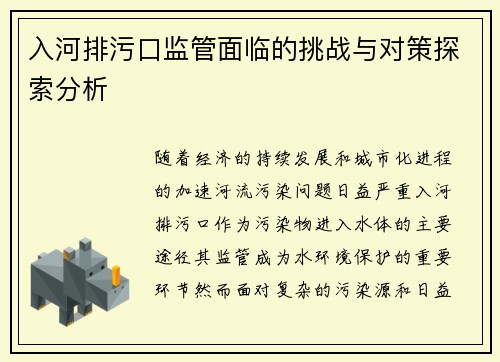 入河排污口监管面临的挑战与对策探索分析