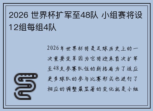 2026 世界杯扩军至48队 小组赛将设12组每组4队
