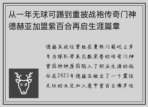 从一年无球可踢到重披战袍传奇门神德赫亚加盟紫百合再启生涯篇章