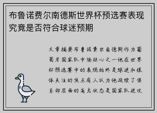 布鲁诺费尔南德斯世界杯预选赛表现究竟是否符合球迷预期