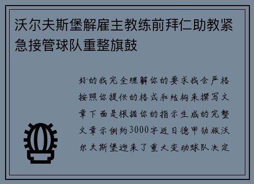 沃尔夫斯堡解雇主教练前拜仁助教紧急接管球队重整旗鼓