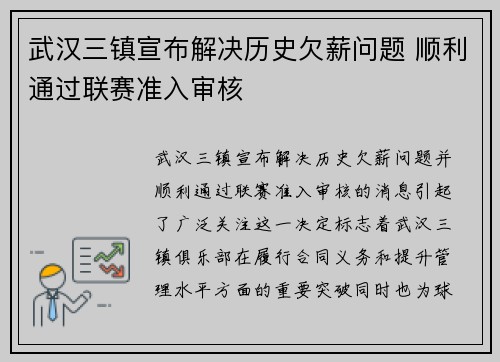 武汉三镇宣布解决历史欠薪问题 顺利通过联赛准入审核